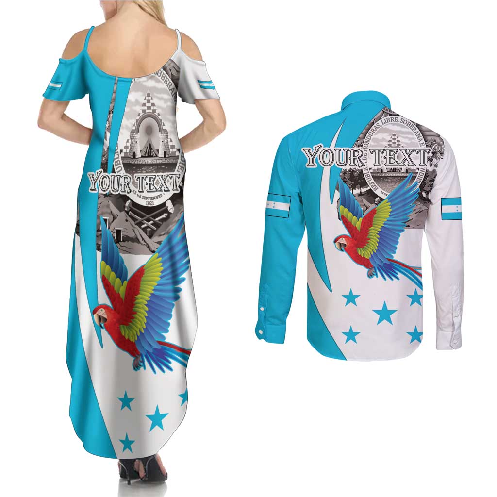 Personalized Honduras Independence Day Couples Matching Summer Maxi Dress and Long Sleeve Button Shirt Scarlet Macaw With Coat Of Arms LT18