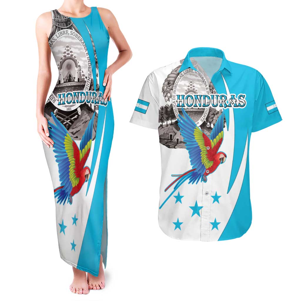 Personalized Honduras Independence Day Couples Matching Tank Maxi Dress and Hawaiian Shirt Scarlet Macaw With Coat Of Arms LT18