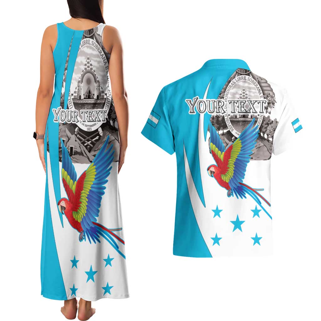 Personalized Honduras Independence Day Couples Matching Tank Maxi Dress and Hawaiian Shirt Scarlet Macaw With Coat Of Arms LT18