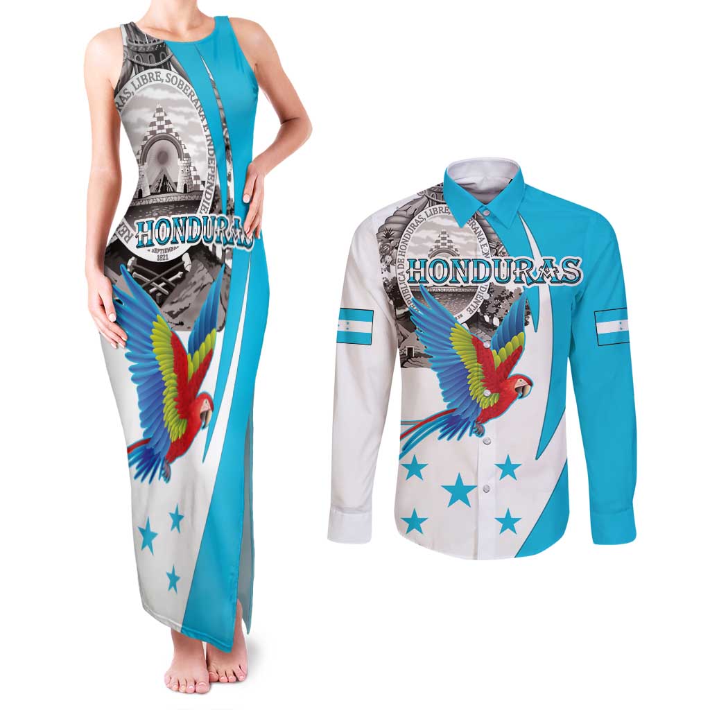 Personalized Honduras Independence Day Couples Matching Tank Maxi Dress and Long Sleeve Button Shirt Scarlet Macaw With Coat Of Arms LT18