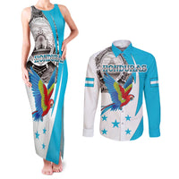 Personalized Honduras Independence Day Couples Matching Tank Maxi Dress and Long Sleeve Button Shirt Scarlet Macaw With Coat Of Arms LT18