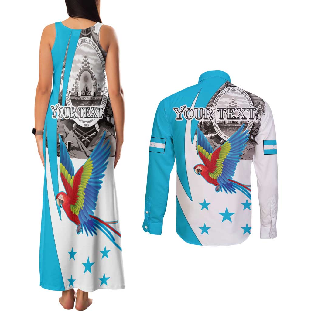 Personalized Honduras Independence Day Couples Matching Tank Maxi Dress and Long Sleeve Button Shirt Scarlet Macaw With Coat Of Arms LT18