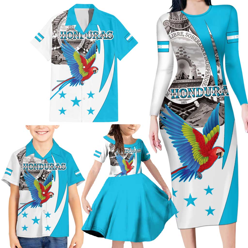 Personalized Honduras Independence Day Family Matching Long Sleeve Bodycon Dress and Hawaiian Shirt Scarlet Macaw With Coat Of Arms LT18