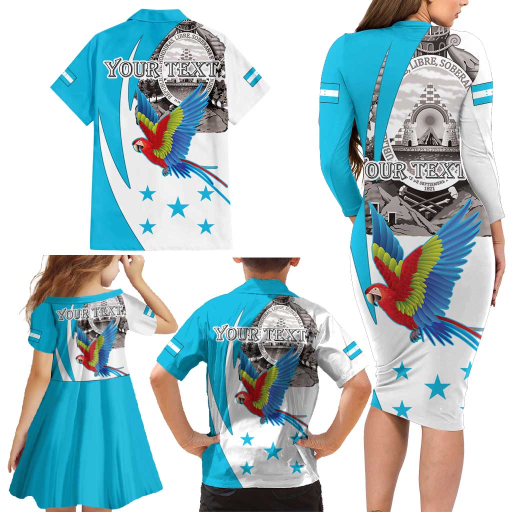 Personalized Honduras Independence Day Family Matching Long Sleeve Bodycon Dress and Hawaiian Shirt Scarlet Macaw With Coat Of Arms LT18