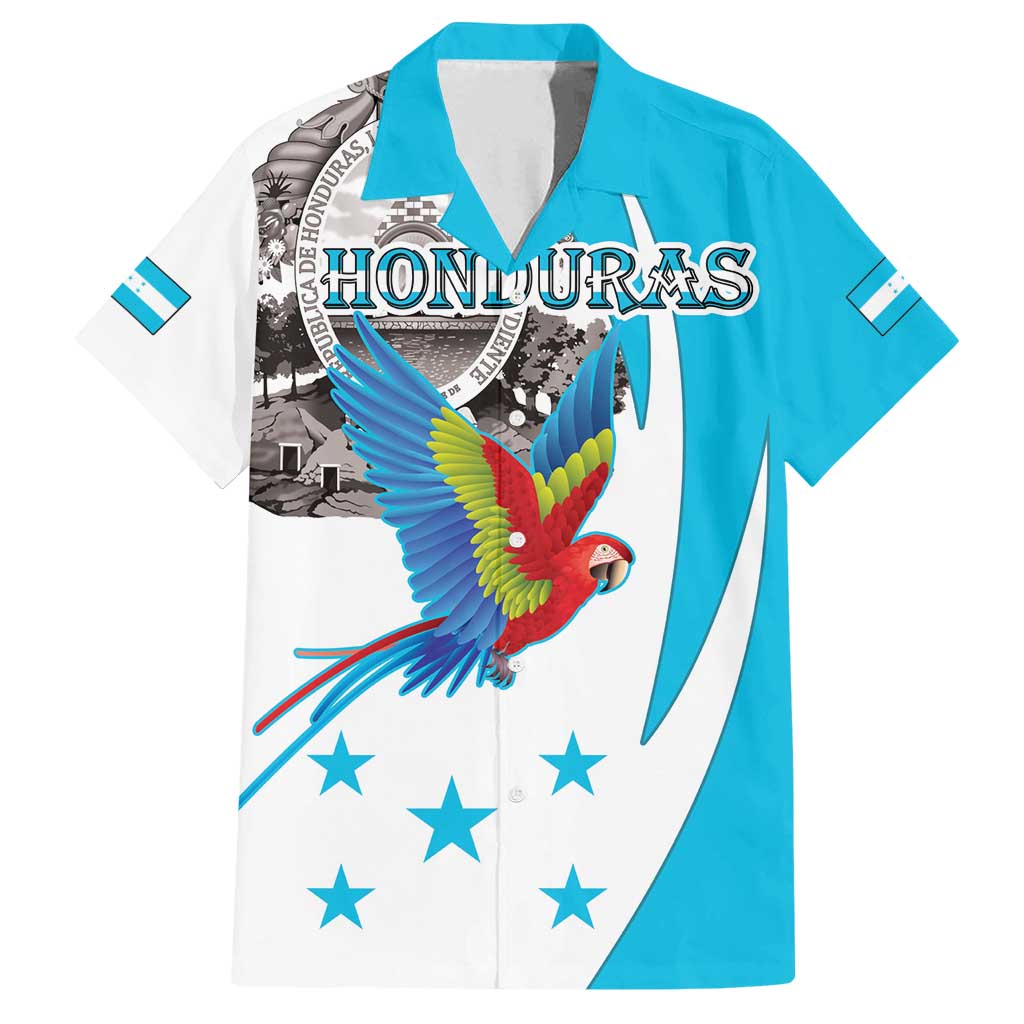 Personalized Honduras Independence Day Family Matching Long Sleeve Bodycon Dress and Hawaiian Shirt Scarlet Macaw With Coat Of Arms LT18