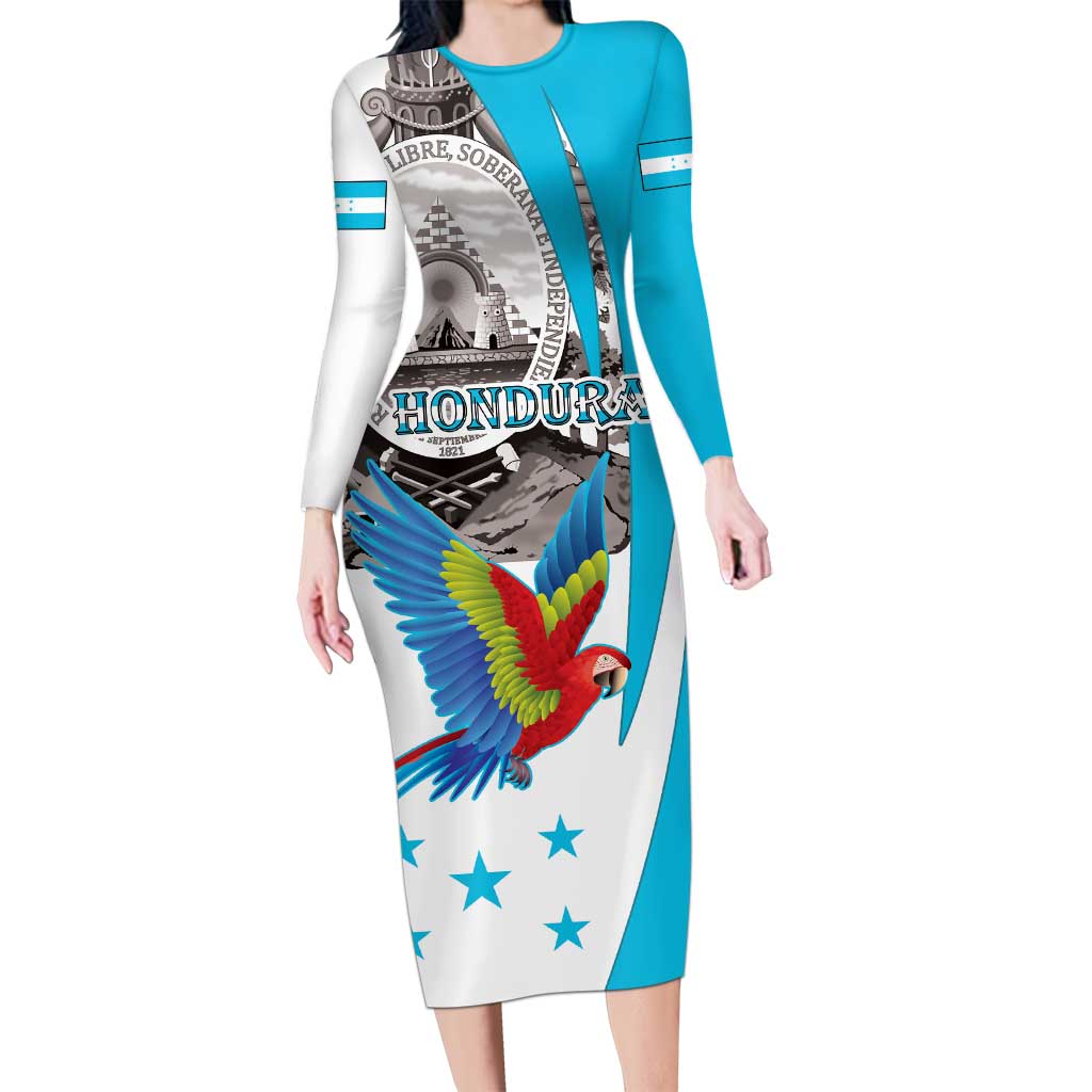 Personalized Honduras Independence Day Family Matching Long Sleeve Bodycon Dress and Hawaiian Shirt Scarlet Macaw With Coat Of Arms LT18