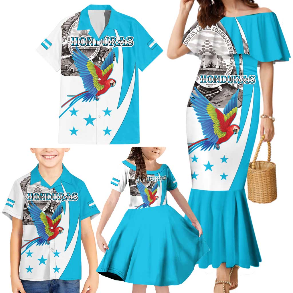 Personalized Honduras Independence Day Family Matching Mermaid Dress and Hawaiian Shirt Scarlet Macaw With Coat Of Arms LT18