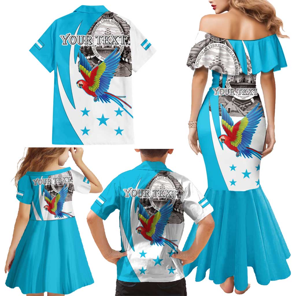 Personalized Honduras Independence Day Family Matching Mermaid Dress and Hawaiian Shirt Scarlet Macaw With Coat Of Arms LT18