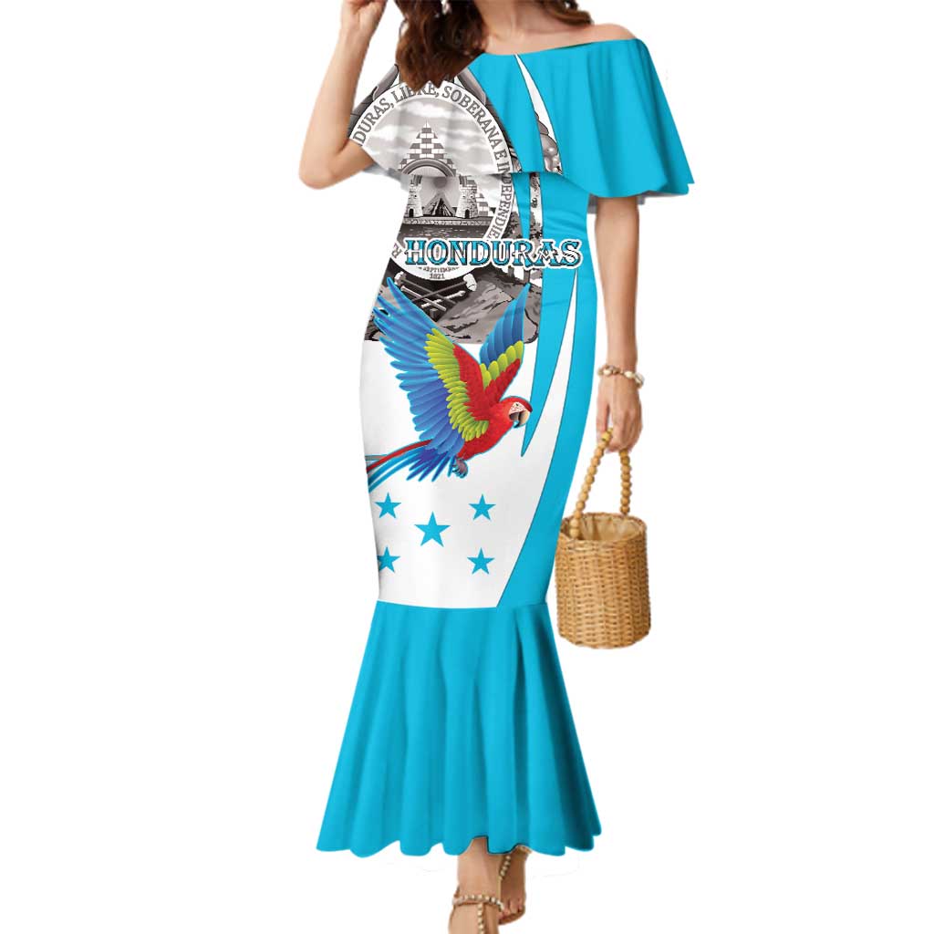 Personalized Honduras Independence Day Family Matching Mermaid Dress and Hawaiian Shirt Scarlet Macaw With Coat Of Arms LT18
