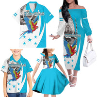 Personalized Honduras Independence Day Family Matching Off The Shoulder Long Sleeve Dress and Hawaiian Shirt Scarlet Macaw With Coat Of Arms LT18