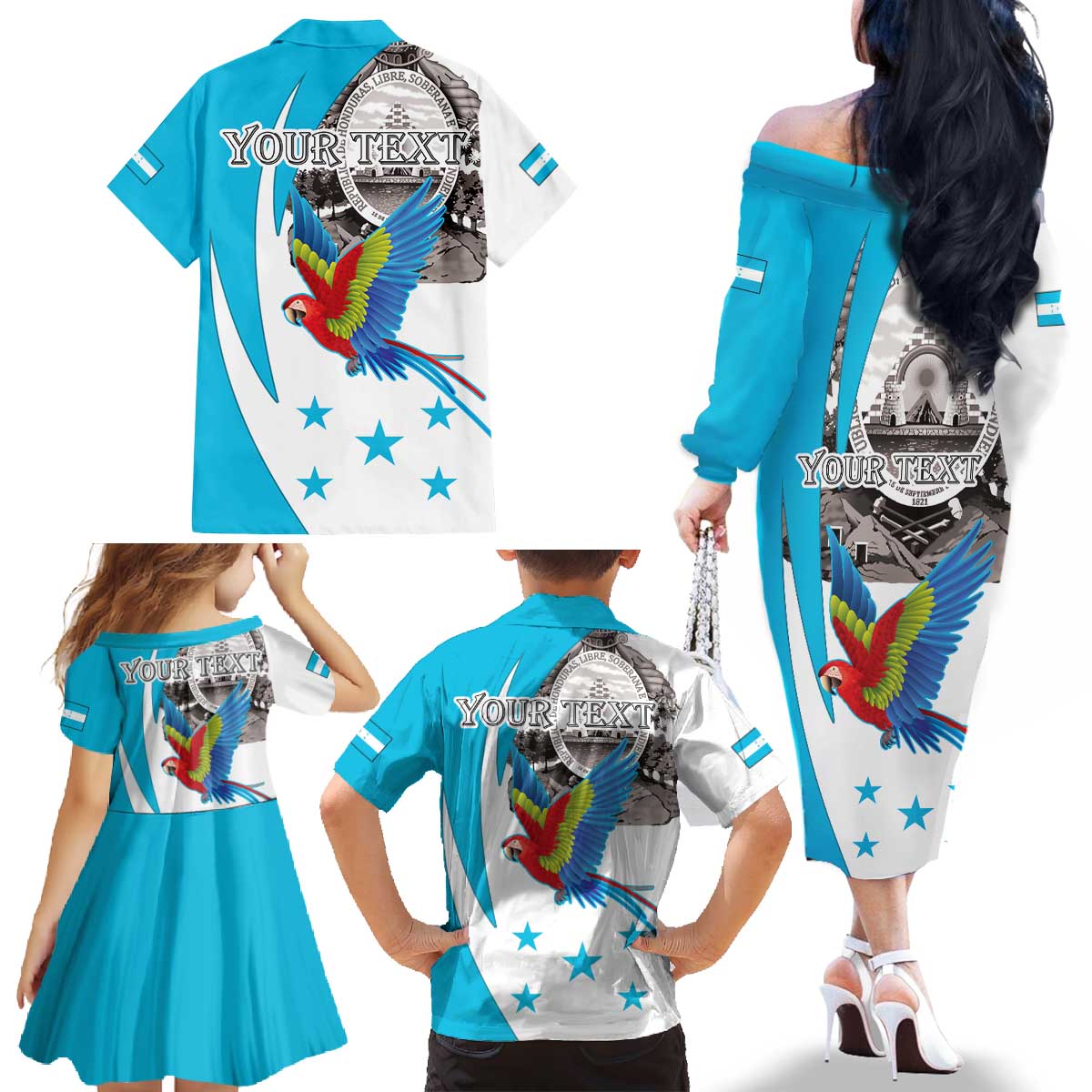 Personalized Honduras Independence Day Family Matching Off The Shoulder Long Sleeve Dress and Hawaiian Shirt Scarlet Macaw With Coat Of Arms LT18