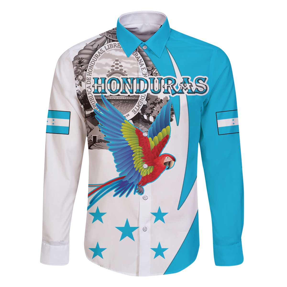 Personalized Honduras Independence Day Family Matching Off The Shoulder Long Sleeve Dress and Hawaiian Shirt Scarlet Macaw With Coat Of Arms LT18