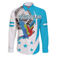 Personalized Honduras Independence Day Family Matching Off The Shoulder Long Sleeve Dress and Hawaiian Shirt Scarlet Macaw With Coat Of Arms LT18