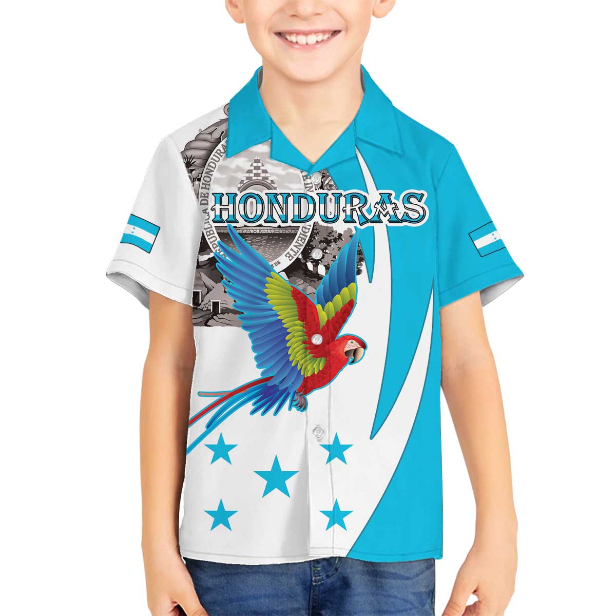 Personalized Honduras Independence Day Family Matching Off The Shoulder Long Sleeve Dress and Hawaiian Shirt Scarlet Macaw With Coat Of Arms LT18