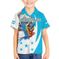 Personalized Honduras Independence Day Family Matching Off The Shoulder Long Sleeve Dress and Hawaiian Shirt Scarlet Macaw With Coat Of Arms LT18
