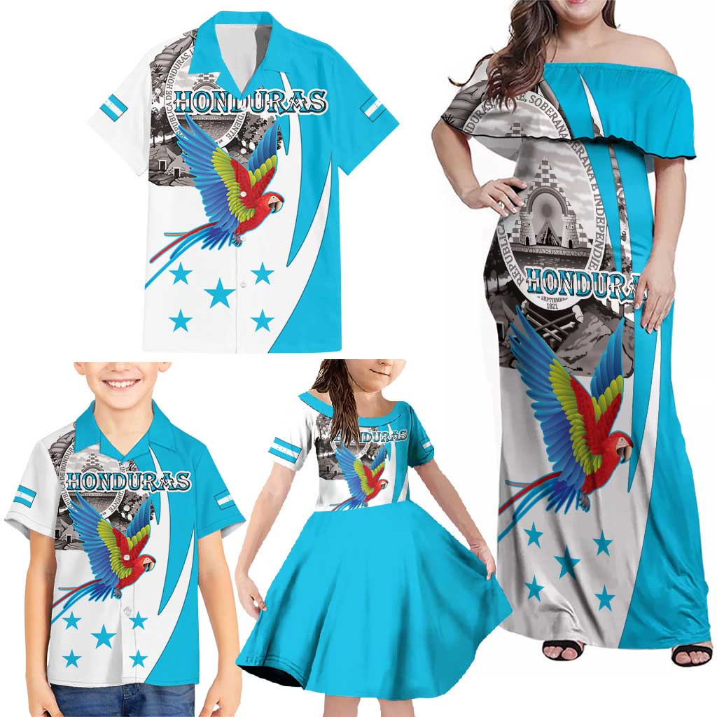 Personalized Honduras Independence Day Family Matching Off Shoulder Maxi Dress and Hawaiian Shirt Scarlet Macaw With Coat Of Arms LT18