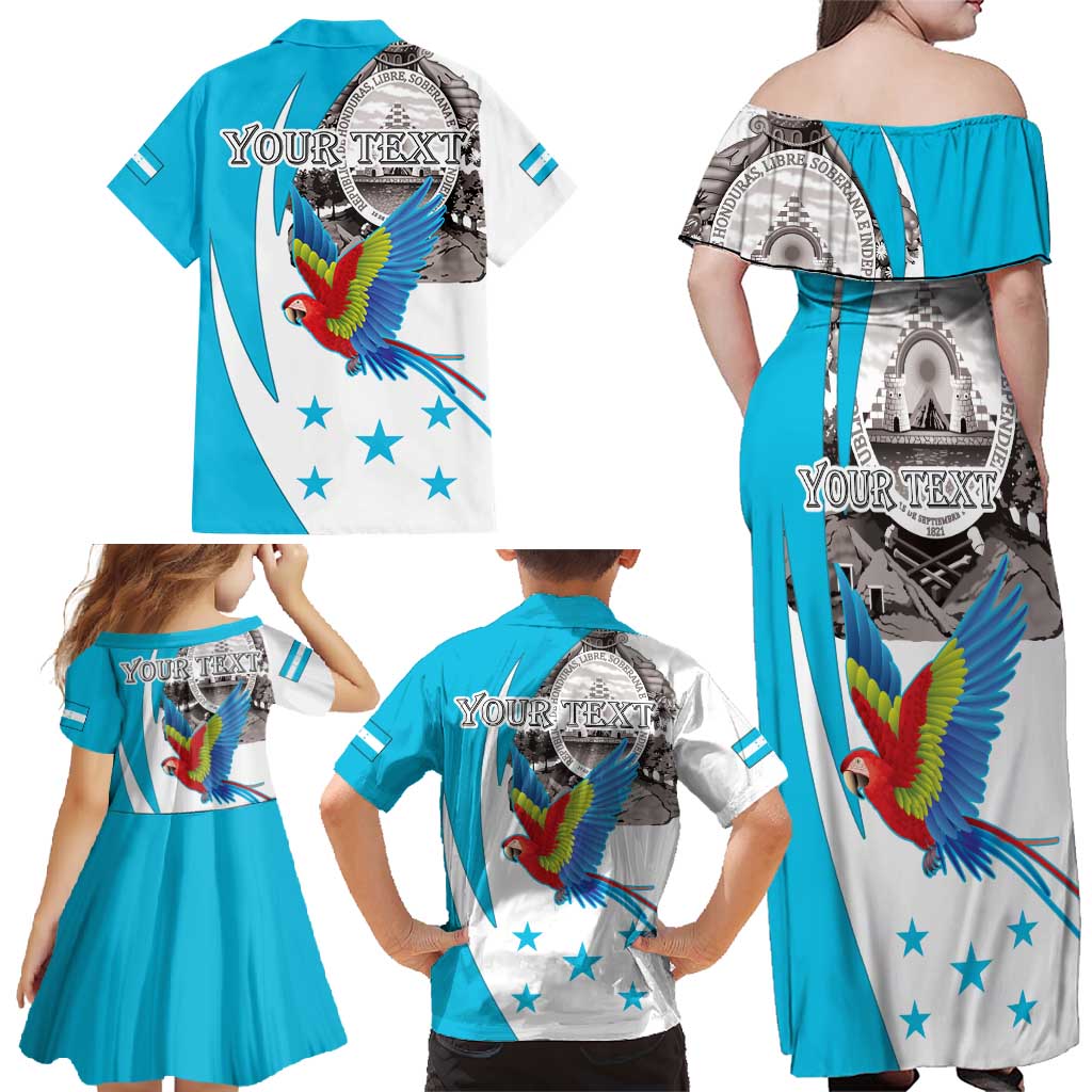 Personalized Honduras Independence Day Family Matching Off Shoulder Maxi Dress and Hawaiian Shirt Scarlet Macaw With Coat Of Arms LT18