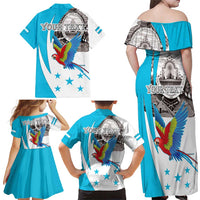 Personalized Honduras Independence Day Family Matching Off Shoulder Maxi Dress and Hawaiian Shirt Scarlet Macaw With Coat Of Arms LT18