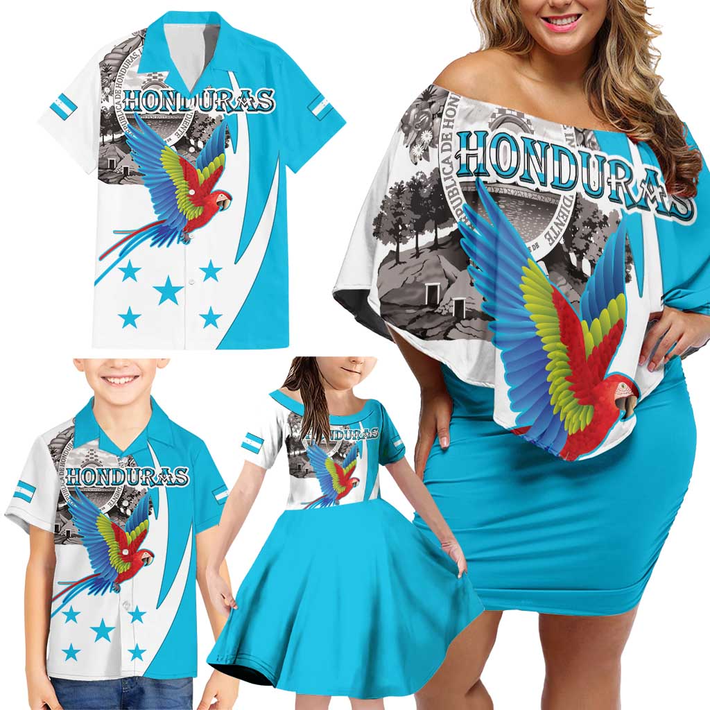 Personalized Honduras Independence Day Family Matching Off Shoulder Short Dress and Hawaiian Shirt Scarlet Macaw With Coat Of Arms LT18