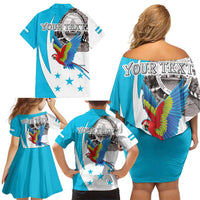 Personalized Honduras Independence Day Family Matching Off Shoulder Short Dress and Hawaiian Shirt Scarlet Macaw With Coat Of Arms LT18