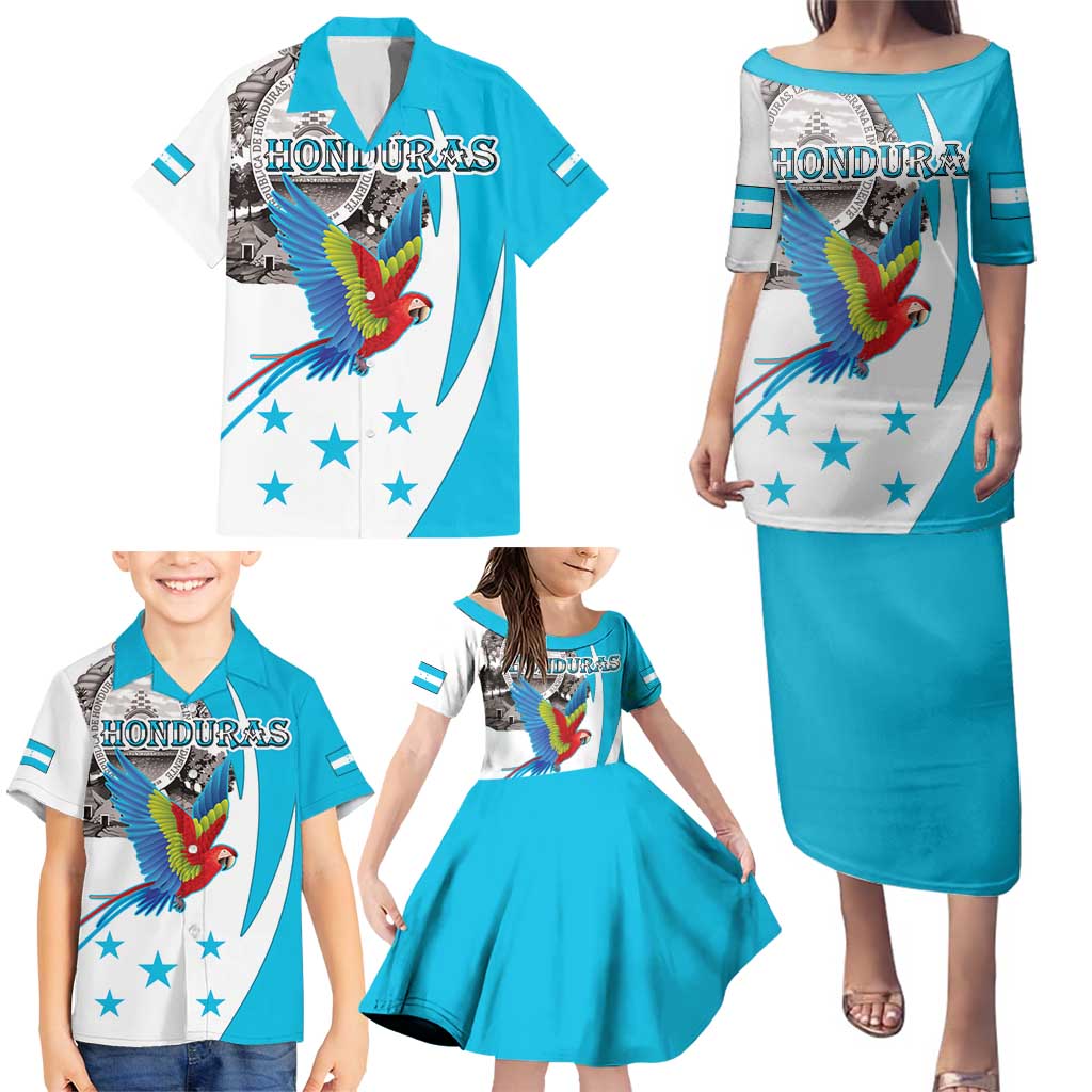 Personalized Honduras Independence Day Family Matching Puletasi and Hawaiian Shirt Scarlet Macaw With Coat Of Arms LT18