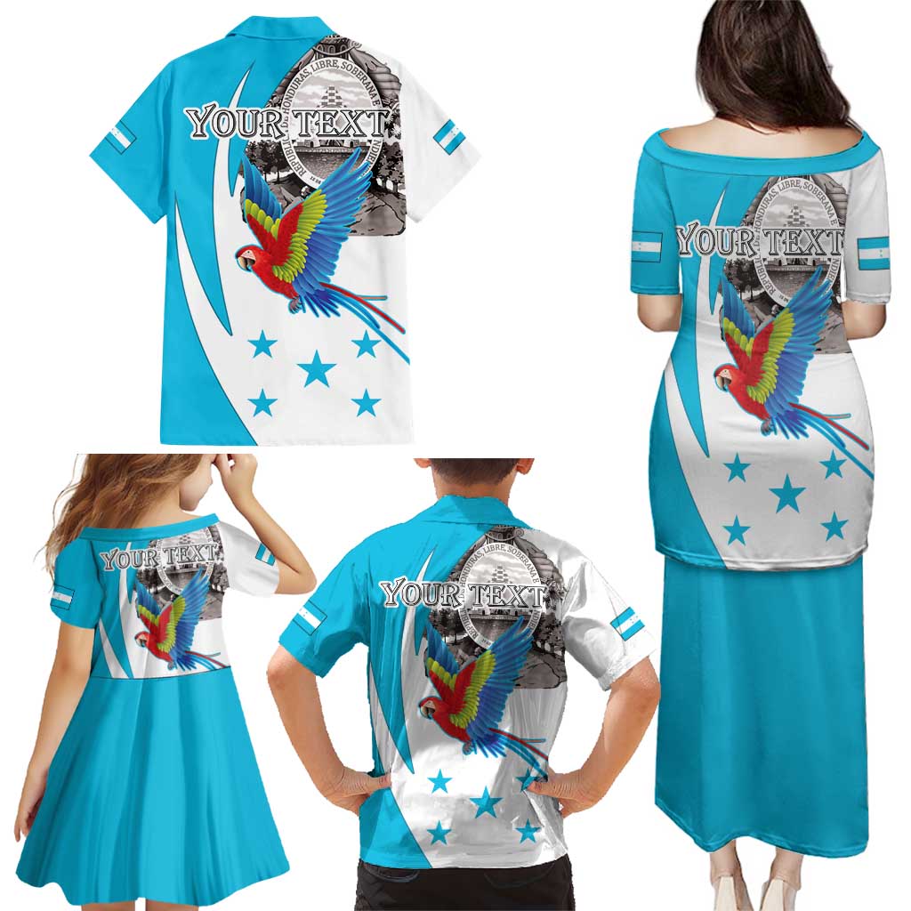 Personalized Honduras Independence Day Family Matching Puletasi and Hawaiian Shirt Scarlet Macaw With Coat Of Arms LT18