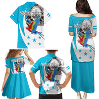 Personalized Honduras Independence Day Family Matching Puletasi and Hawaiian Shirt Scarlet Macaw With Coat Of Arms LT18