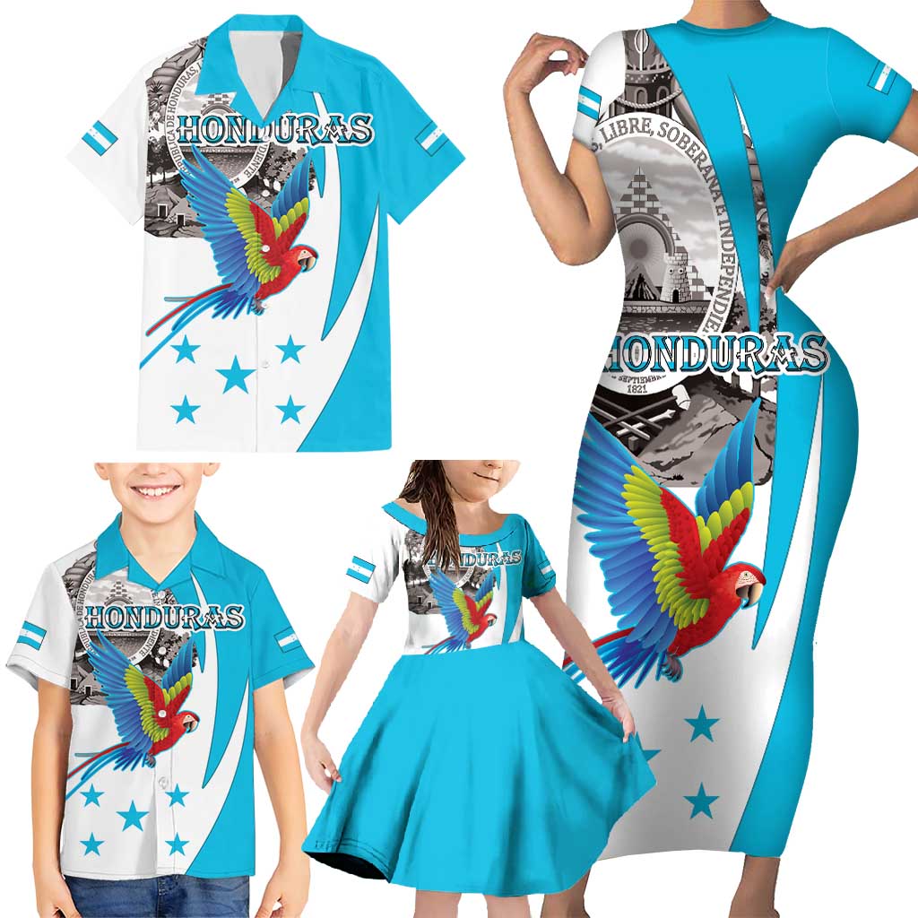 Personalized Honduras Independence Day Family Matching Short Sleeve Bodycon Dress and Hawaiian Shirt Scarlet Macaw With Coat Of Arms LT18