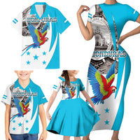 Personalized Honduras Independence Day Family Matching Short Sleeve Bodycon Dress and Hawaiian Shirt Scarlet Macaw With Coat Of Arms LT18