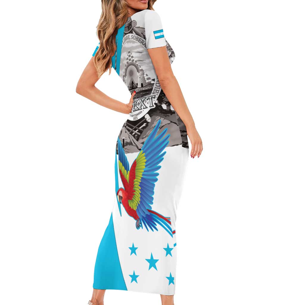 Personalized Honduras Independence Day Family Matching Short Sleeve Bodycon Dress and Hawaiian Shirt Scarlet Macaw With Coat Of Arms LT18
