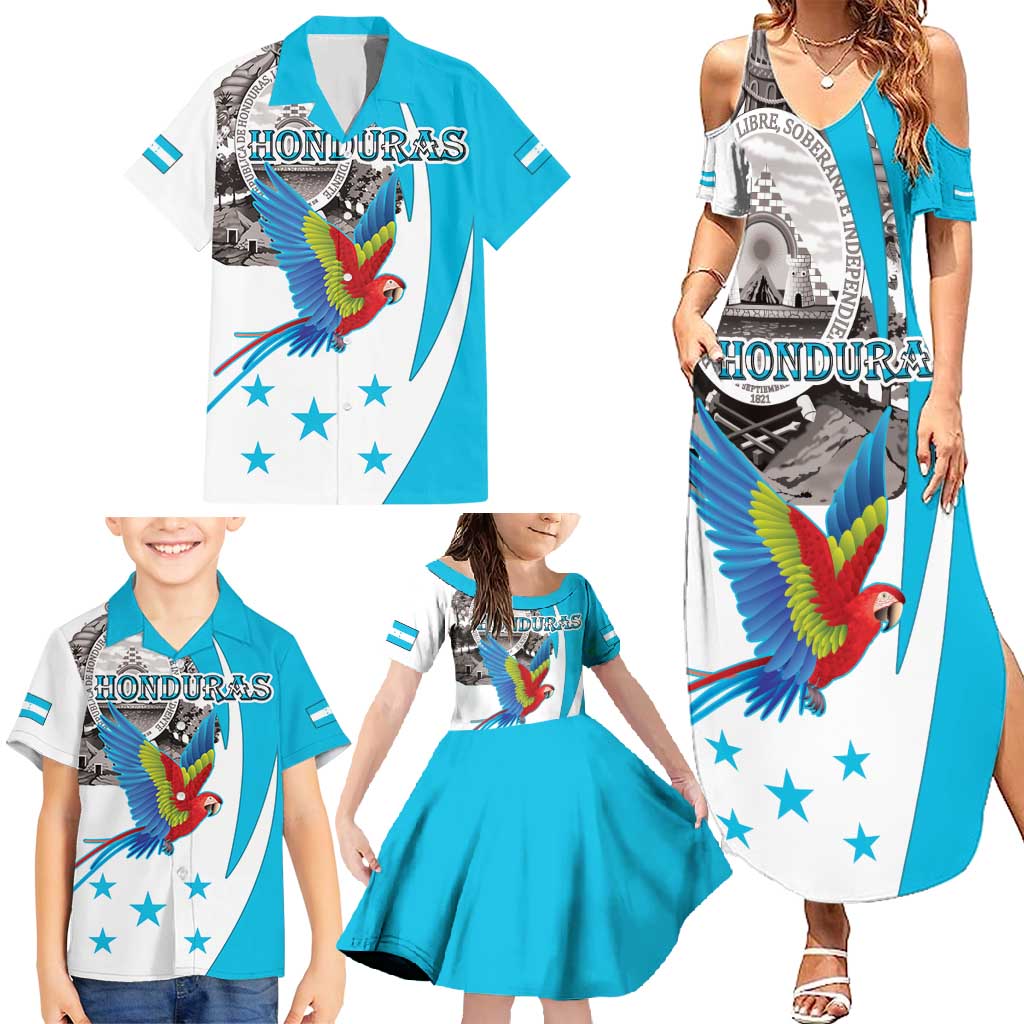 Personalized Honduras Independence Day Family Matching Summer Maxi Dress and Hawaiian Shirt Scarlet Macaw With Coat Of Arms LT18