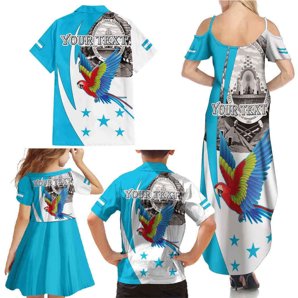 Personalized Honduras Independence Day Family Matching Summer Maxi Dress and Hawaiian Shirt Scarlet Macaw With Coat Of Arms LT18