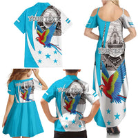 Personalized Honduras Independence Day Family Matching Summer Maxi Dress and Hawaiian Shirt Scarlet Macaw With Coat Of Arms LT18