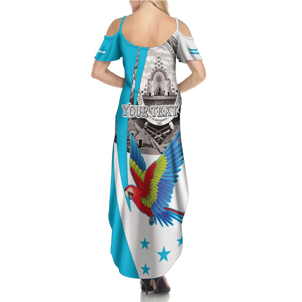 Personalized Honduras Independence Day Family Matching Summer Maxi Dress and Hawaiian Shirt Scarlet Macaw With Coat Of Arms LT18