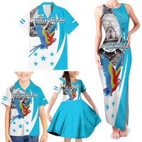 Personalized Honduras Independence Day Family Matching Tank Maxi Dress and Hawaiian Shirt Scarlet Macaw With Coat Of Arms LT18