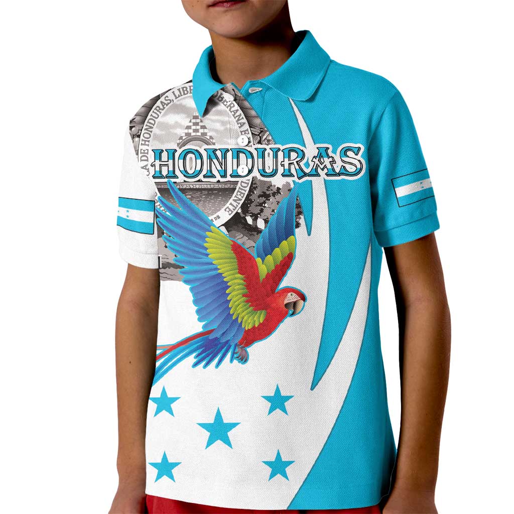 Personalized Honduras Independence Day Kid Polo Shirt Scarlet Macaw With Coat Of Arms LT18