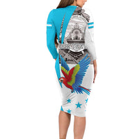 Personalized Honduras Independence Day Long Sleeve Bodycon Dress Scarlet Macaw With Coat Of Arms LT18