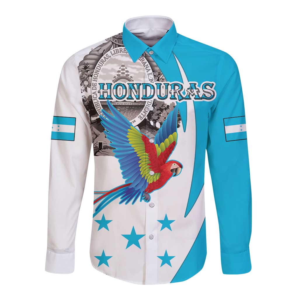 Personalized Honduras Independence Day Long Sleeve Button Shirt Scarlet Macaw With Coat Of Arms LT18