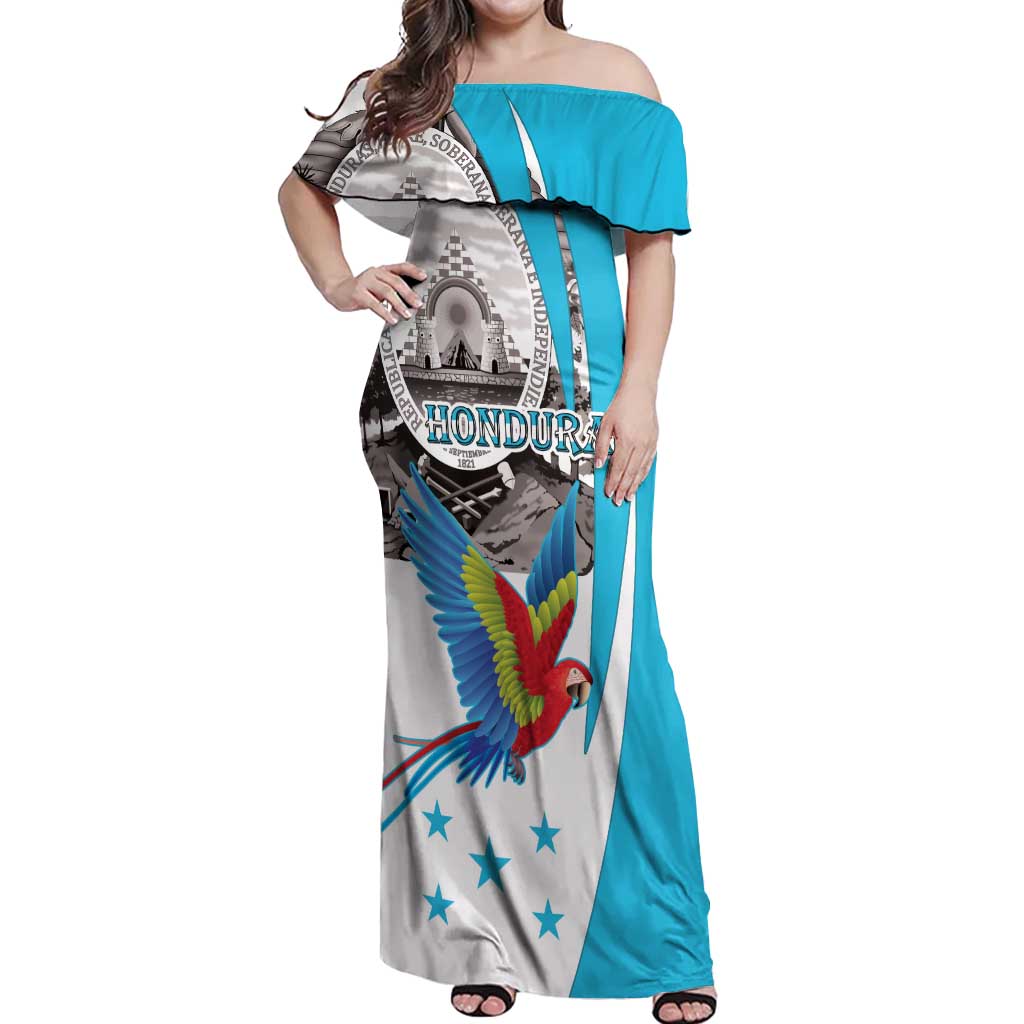 Personalized Honduras Independence Day Off Shoulder Maxi Dress Scarlet Macaw With Coat Of Arms LT18