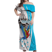 Personalized Honduras Independence Day Off Shoulder Maxi Dress Scarlet Macaw With Coat Of Arms LT18