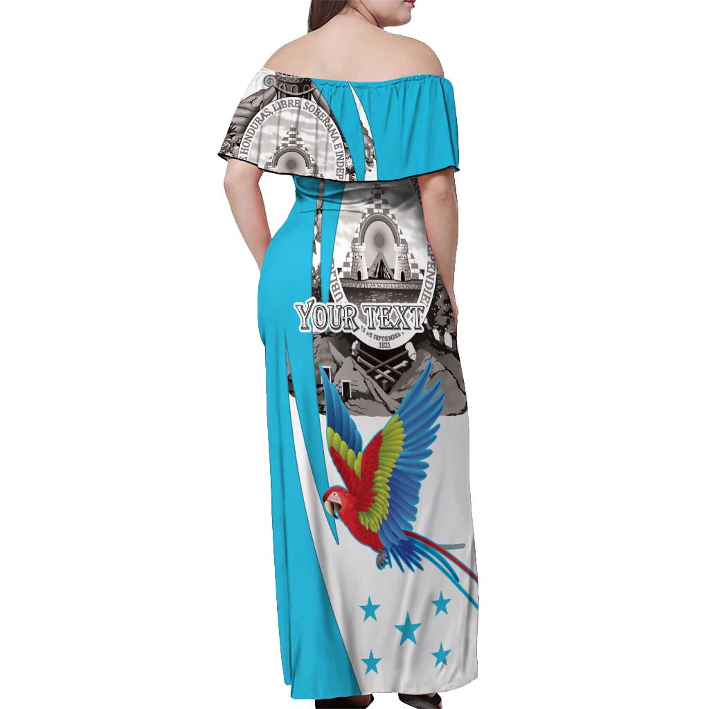 Personalized Honduras Independence Day Off Shoulder Maxi Dress Scarlet Macaw With Coat Of Arms LT18