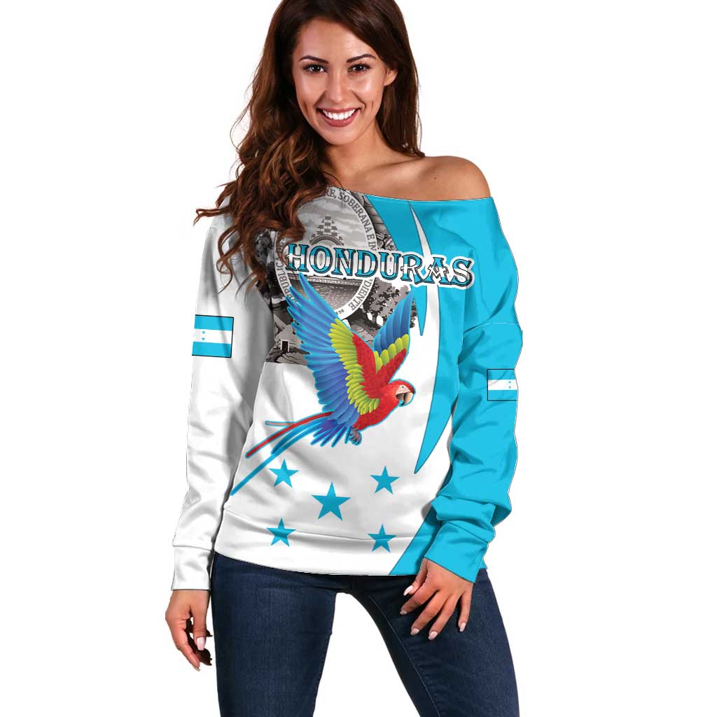 Personalized Honduras Independence Day Off Shoulder Sweater Scarlet Macaw With Coat Of Arms LT18