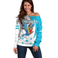 Personalized Honduras Independence Day Off Shoulder Sweater Scarlet Macaw With Coat Of Arms LT18