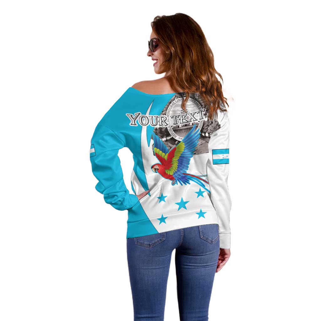 Personalized Honduras Independence Day Off Shoulder Sweater Scarlet Macaw With Coat Of Arms LT18