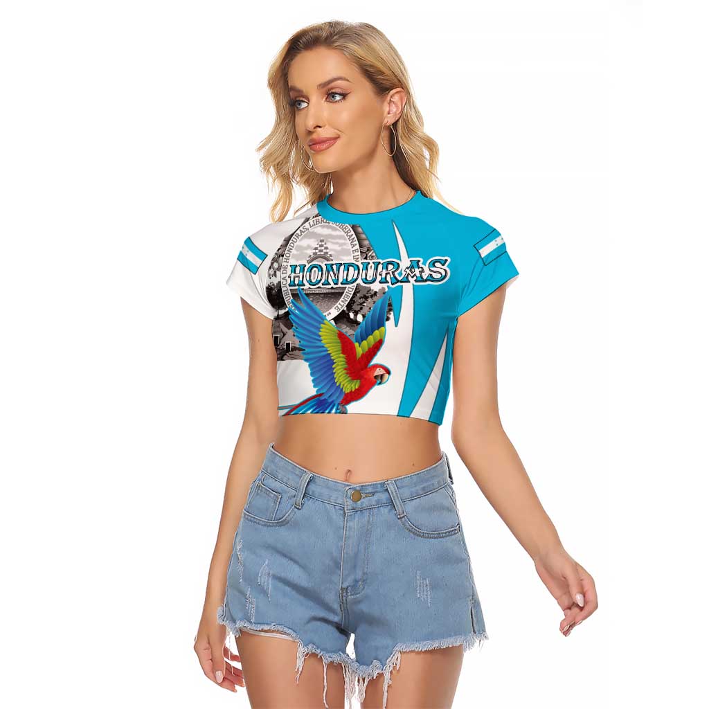 Personalized Honduras Independence Day Raglan Cropped T Shirt Scarlet Macaw With Coat Of Arms LT18