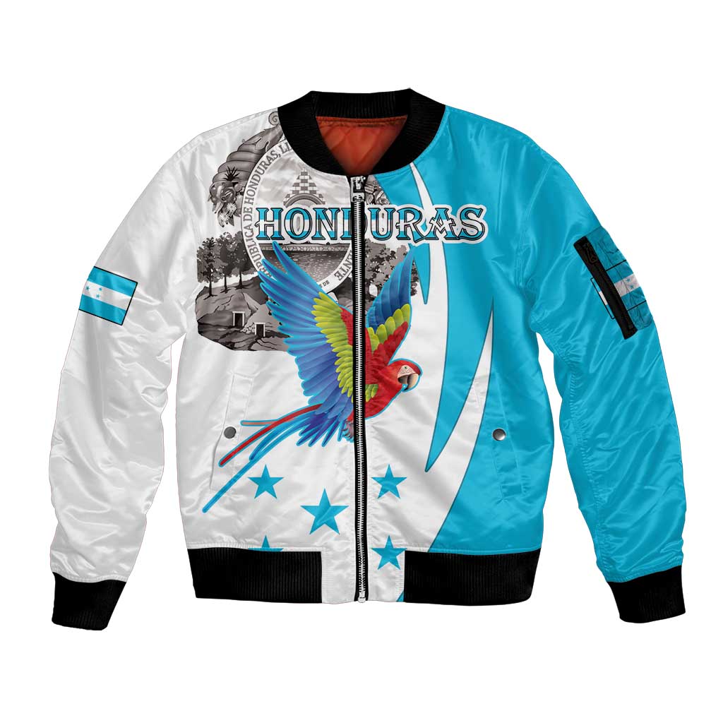 Personalized Honduras Independence Day Sleeve Zip Bomber Jacket Scarlet Macaw With Coat Of Arms LT18