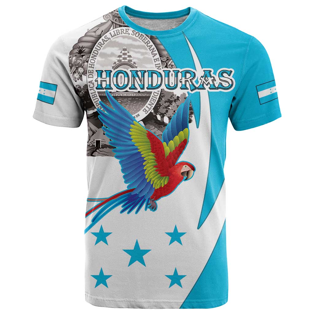 Personalized Honduras Independence Day T Shirt Scarlet Macaw With Coat Of Arms LT18