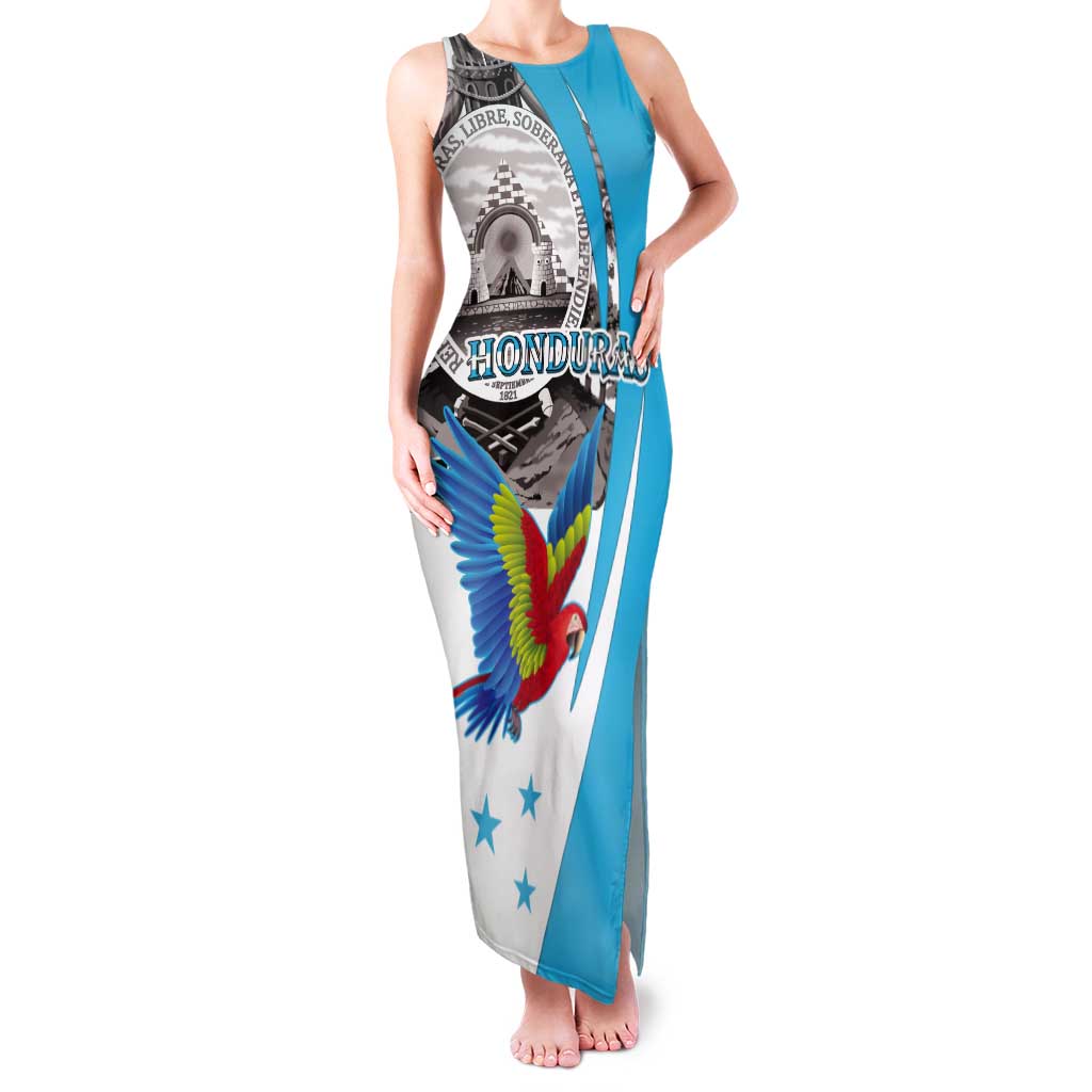 Personalized Honduras Independence Day Tank Maxi Dress Scarlet Macaw With Coat Of Arms LT18