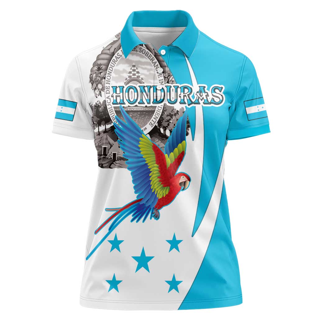 Personalized Honduras Independence Day Women Polo Shirt Scarlet Macaw With Coat Of Arms LT18