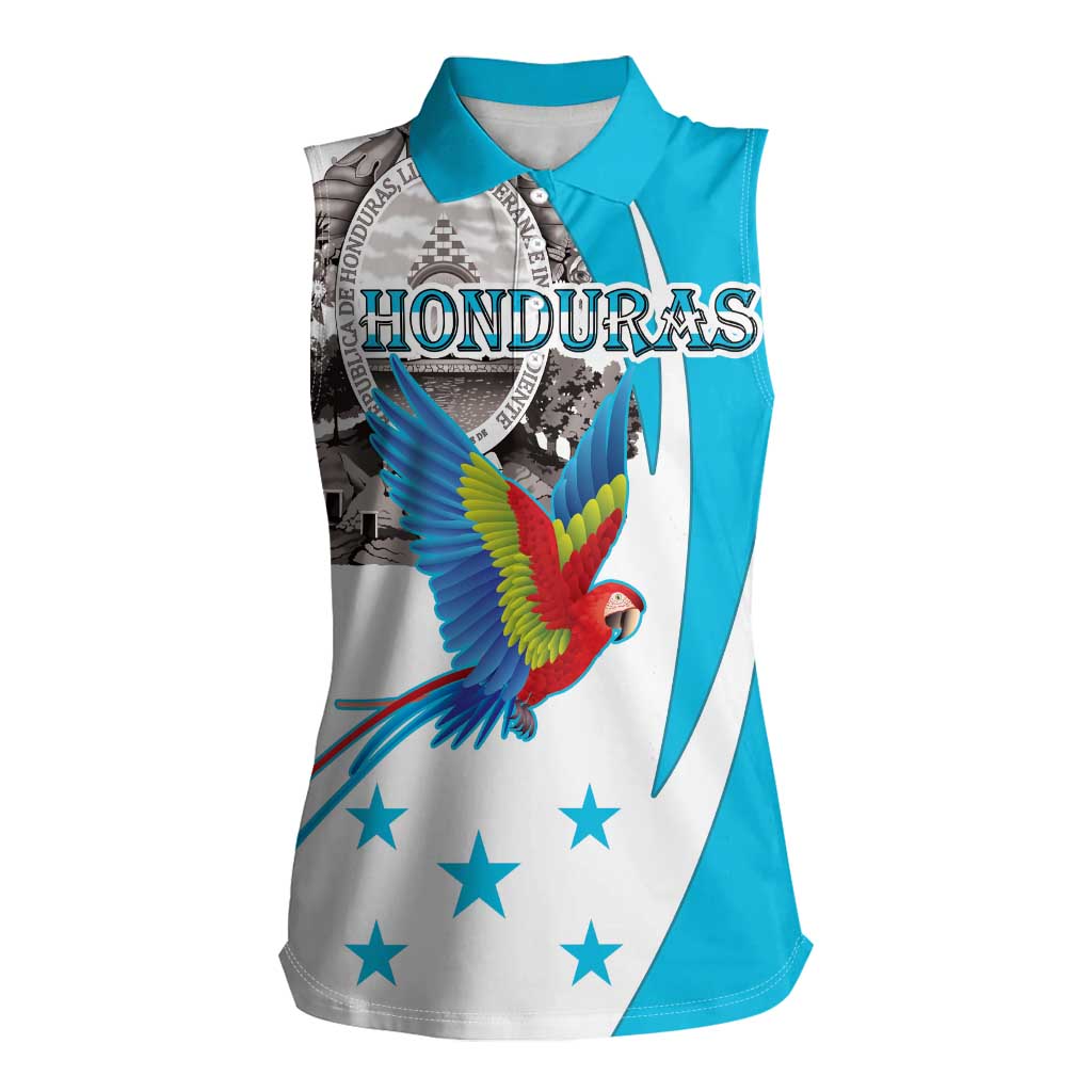 Personalized Honduras Independence Day Women Sleeveless Polo Shirt Scarlet Macaw With Coat Of Arms LT18